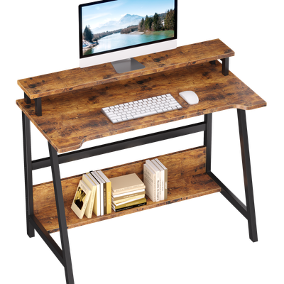 31.4 Inch Compact Computer Desk for Small Spaces, Modern Writing Table with Monitor Shelf Storage, Space-Saving Laptop Desk for Home Office & Gaming Room - brown/80*50*（75+11.5）cm